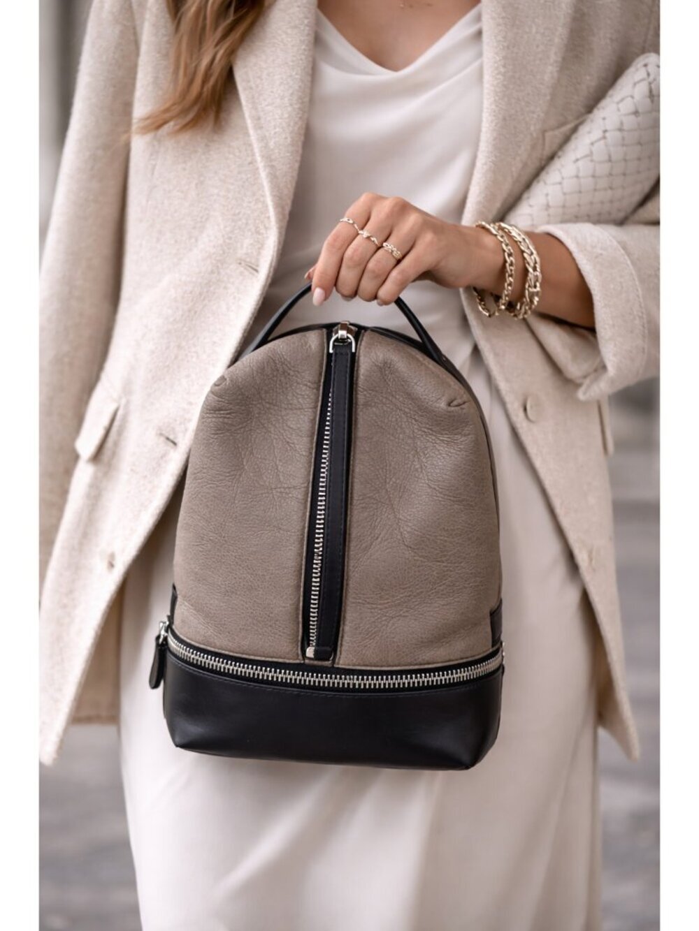 Alexander Wang Mini Backpack Taupe Black Leather Zip Top Handle Bag